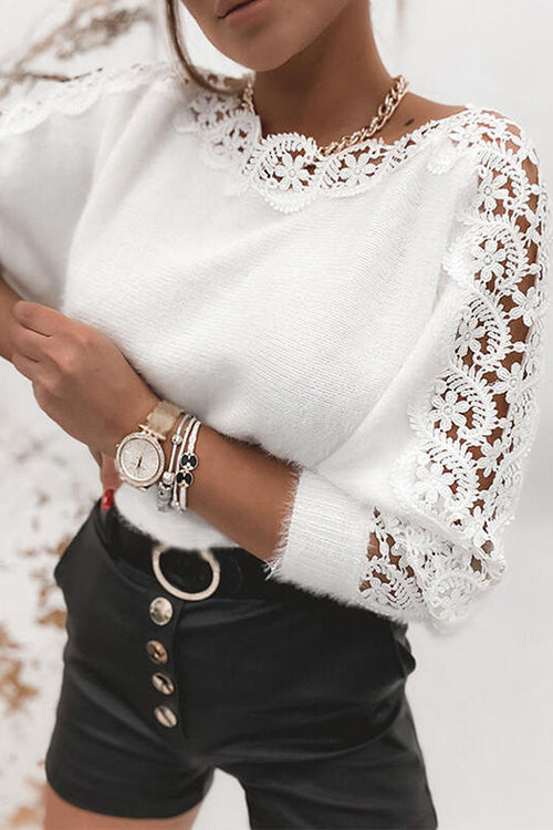 Rosiedress Hollow Out Lace Splice Long Sleeves Knit Top