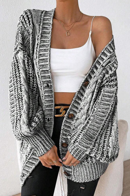 Fashionable Mixed-color Loose-fitting Lantern Sleeve Mid-length Knitted Cardigan