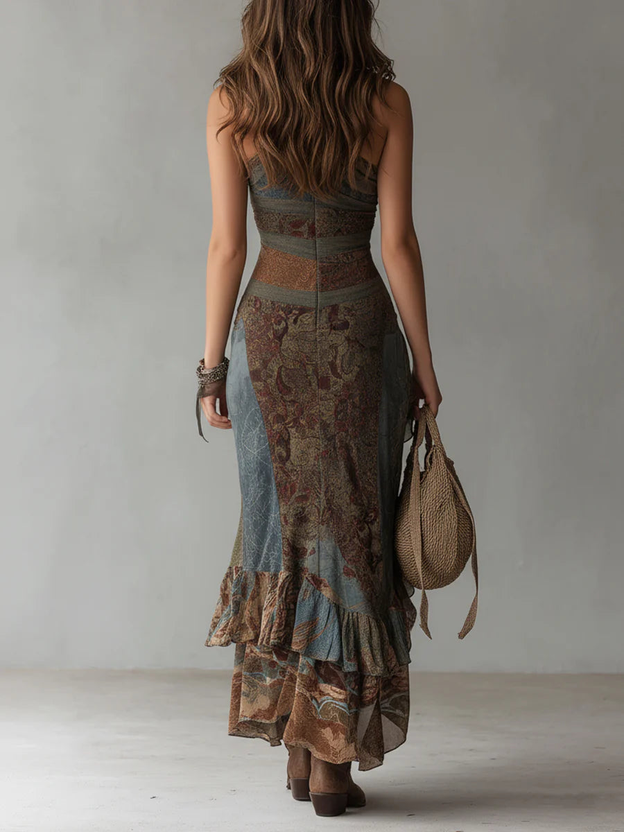 Elena | Lange one-shoulder jurk met etnische print en hoge split