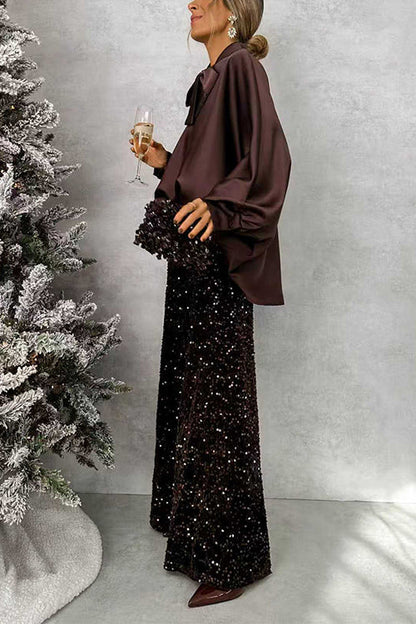 High Rise Glitter Sequin Wide Leg Pants