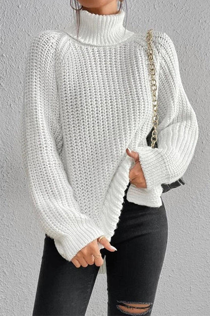 Rosiedress High Neck Side Slit Pullover Sweater