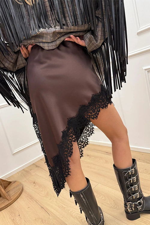 Rosiedress Lace Trim Side Slit Irregular Satin Skirt