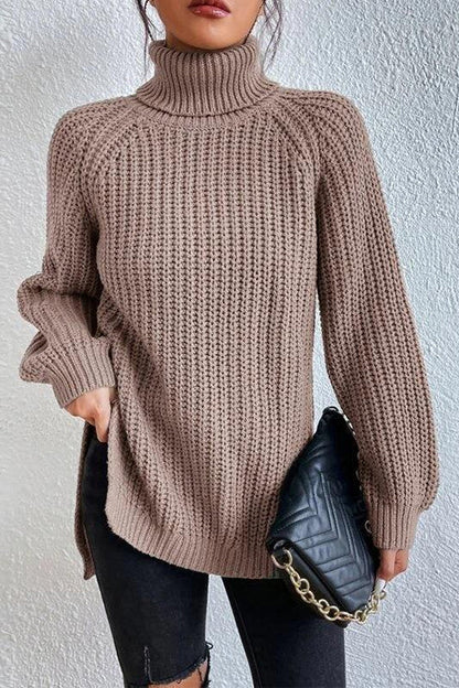 Rosiedress High Neck Side Slit Pullover Sweater