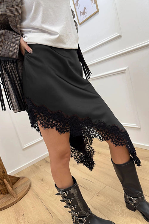 Rosiedress Lace Trim Side Slit Irregular Satin Skirt