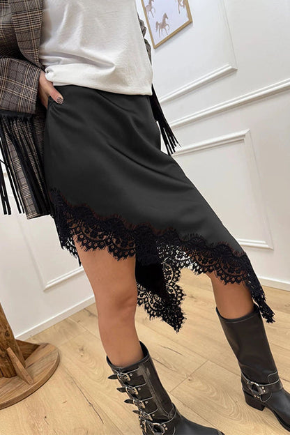 Rosiedress Lace Trim Side Slit Irregular Satin Skirt