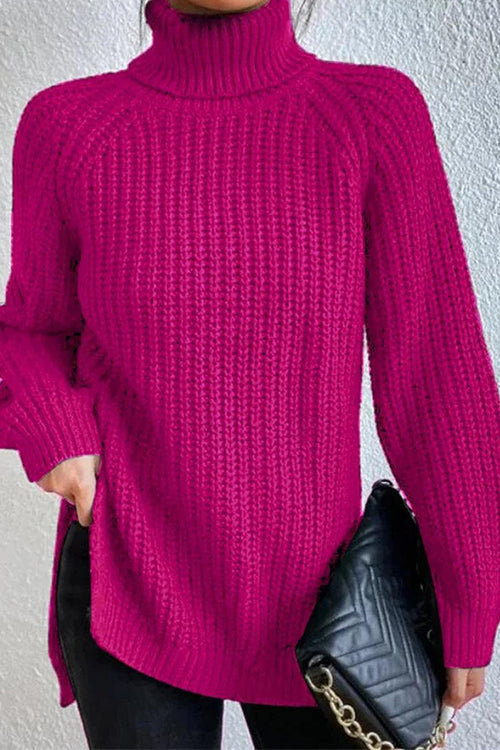 Rosiedress High Neck Side Slit Pullover Sweater
