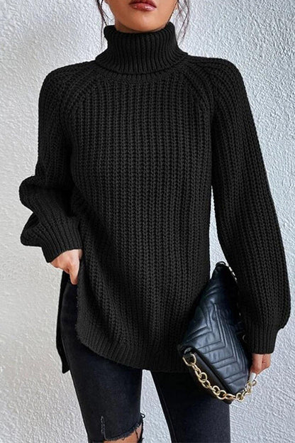 Rosiedress High Neck Side Slit Pullover Sweater