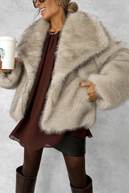 Rosiedress Collared Open Front Winter Faux Fur Coat
