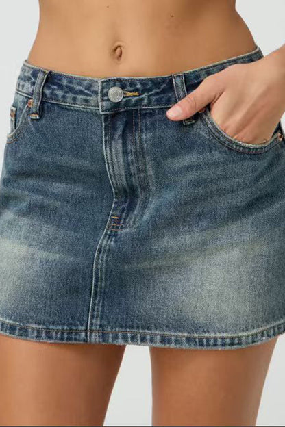 Rosiedress One Button Pocketed Denim Mini Skirt