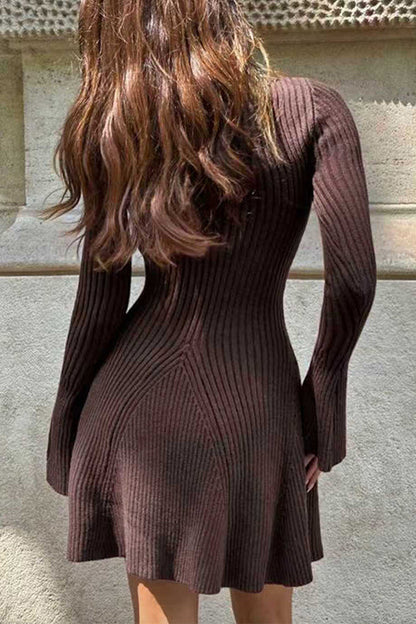 Rosiedress High Neck Long Sleeves Ribbed Knit Mini Sweater Dress