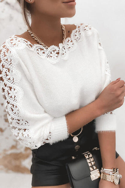 Rosiedress Hollow Out Lace Splice Long Sleeves Knit Top