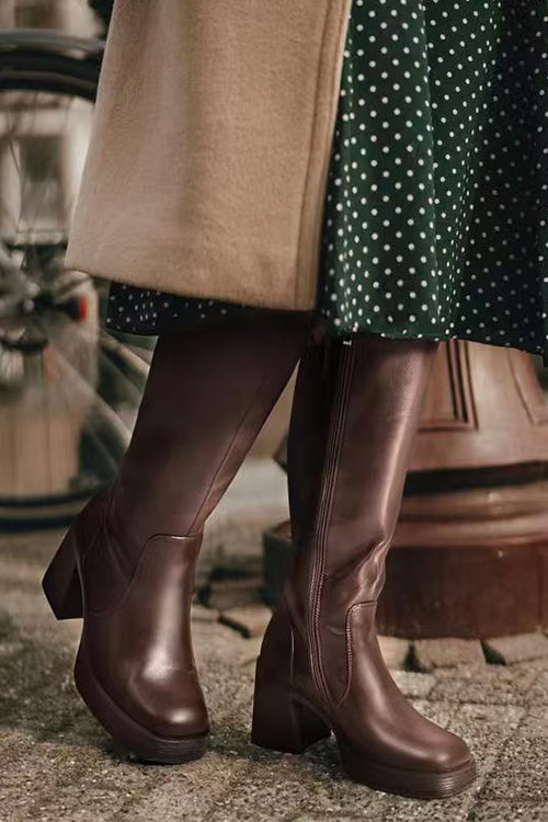 Rosiedress Square Toe Chunky Block Side Zipper High Boots