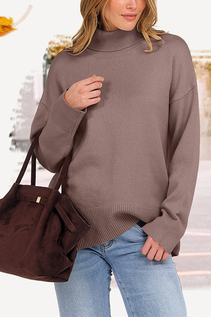 Rosiedress High Neck Drop Shoulder Ribbed Hem Comfy Sweater