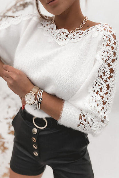 Rosiedress Hollow Out Lace Splice Long Sleeves Knit Top