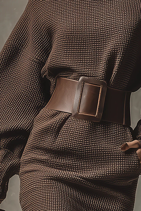 Solid Color Lantern Sleeve High Waist Belted Knitted Mini Dress