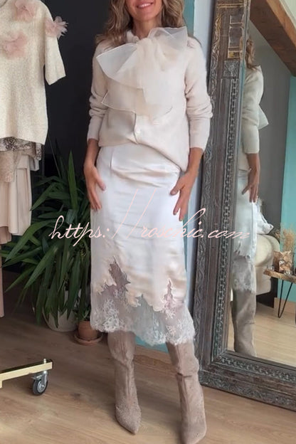 Orozco Knit Organza Bow Button-down Long Sleeve Loose Cardigan