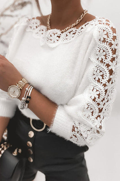 Rosiedress Hollow Out Lace Splice Long Sleeves Knit Top