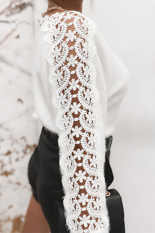 Rosiedress Hollow Out Lace Splice Long Sleeves Knit Top