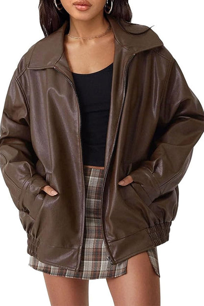 Rosiedress Lapel Zip Up Faux Leather Pocketed Jacket