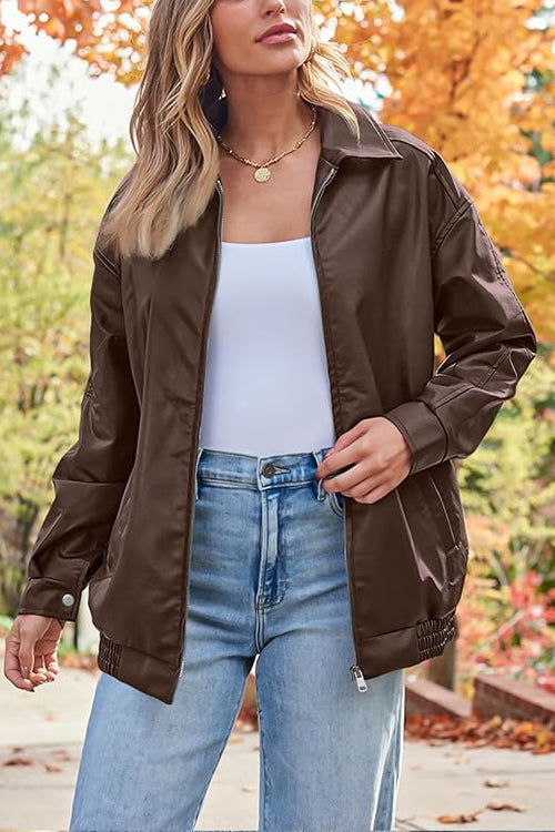 Rosiedress Lapel Zip Up Faux Leather Pocketed Jacket