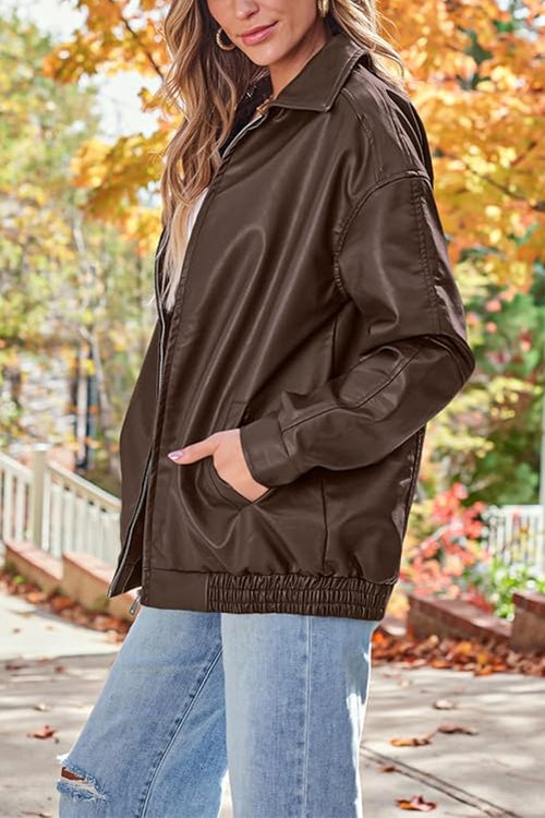 Rosiedress Lapel Zip Up Faux Leather Pocketed Jacket