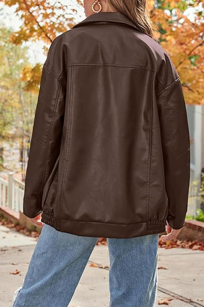 Rosiedress Lapel Zip Up Faux Leather Pocketed Jacket