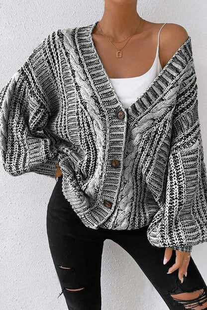 Fashionable Mixed-color Loose-fitting Lantern Sleeve Mid-length Knitted Cardigan