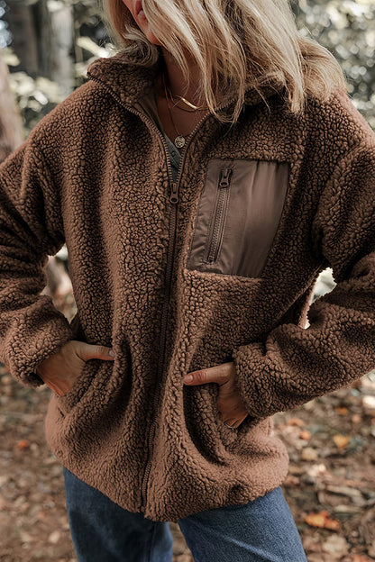 Solid Color Faux Cashmere Zip-up Pocket Casual Jacket
