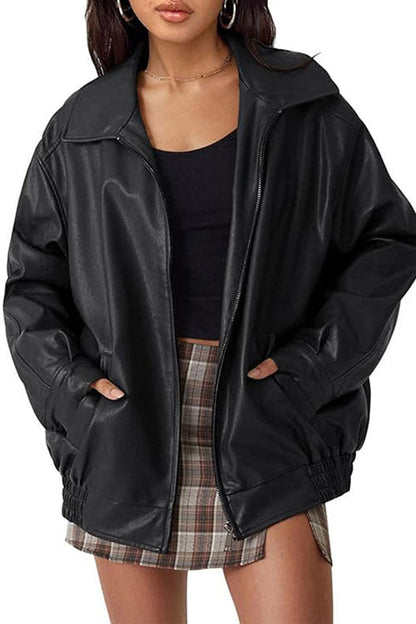 Rosiedress Lapel Zip Up Faux Leather Pocketed Jacket