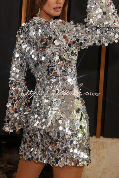 Fashionable and Dazzling Large Sequins Long Bell Sleeve H-line Mini Dress