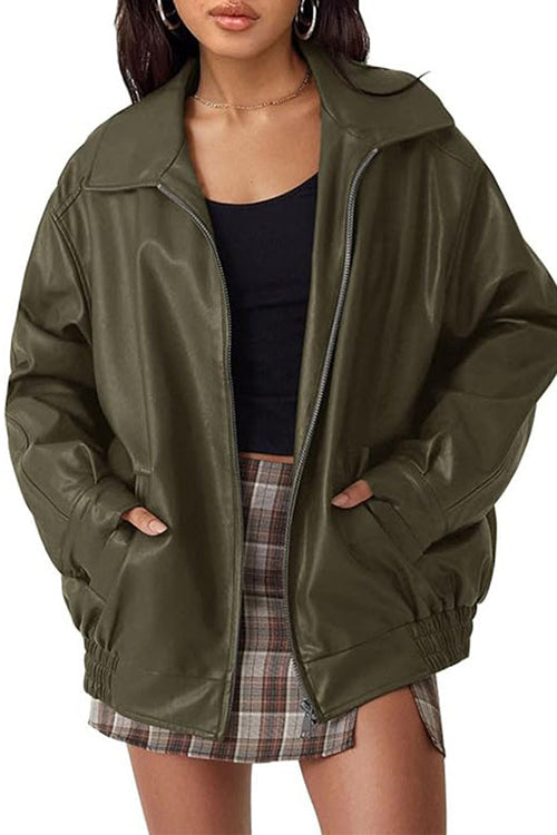 Rosiedress Lapel Zip Up Faux Leather Pocketed Jacket