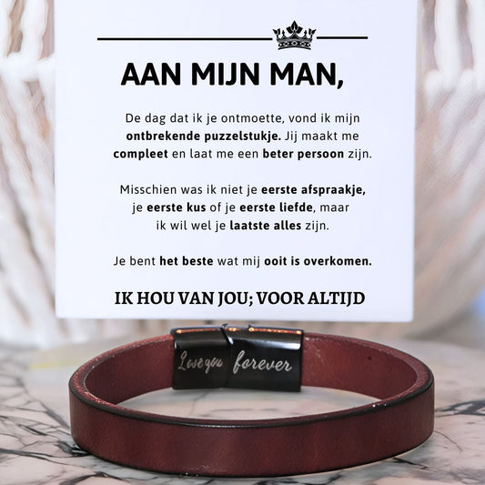 Aan mijn Man - Bruine leren armband