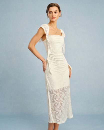 Apricot Textured Floral Ruffle Slip Midi Dress