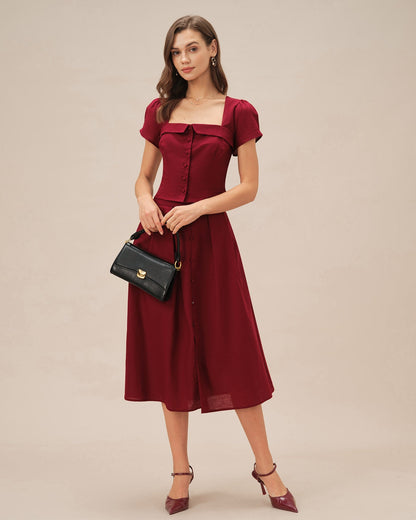Red Square Neck X Cross Tie Blouse