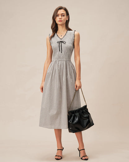 Black V Neck Plaid Midi Dress
