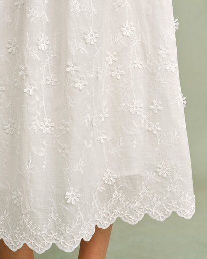 White Round Neck Floral Midi Dress