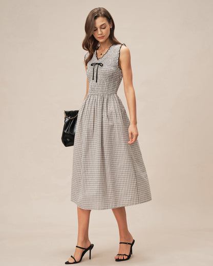 Black V Neck Plaid Midi Dress