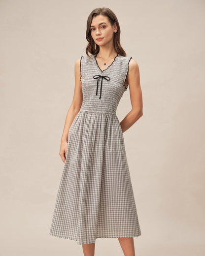 Black V Neck Plaid Midi Dress