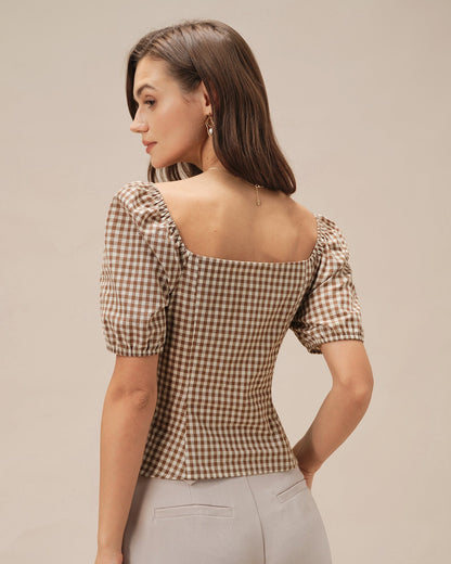 Brown Square Neck Puffed Sleeve Plaid Blouse