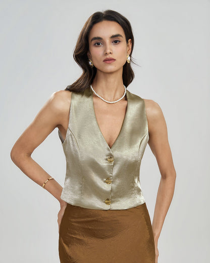 Apricot V Neck Button Vest